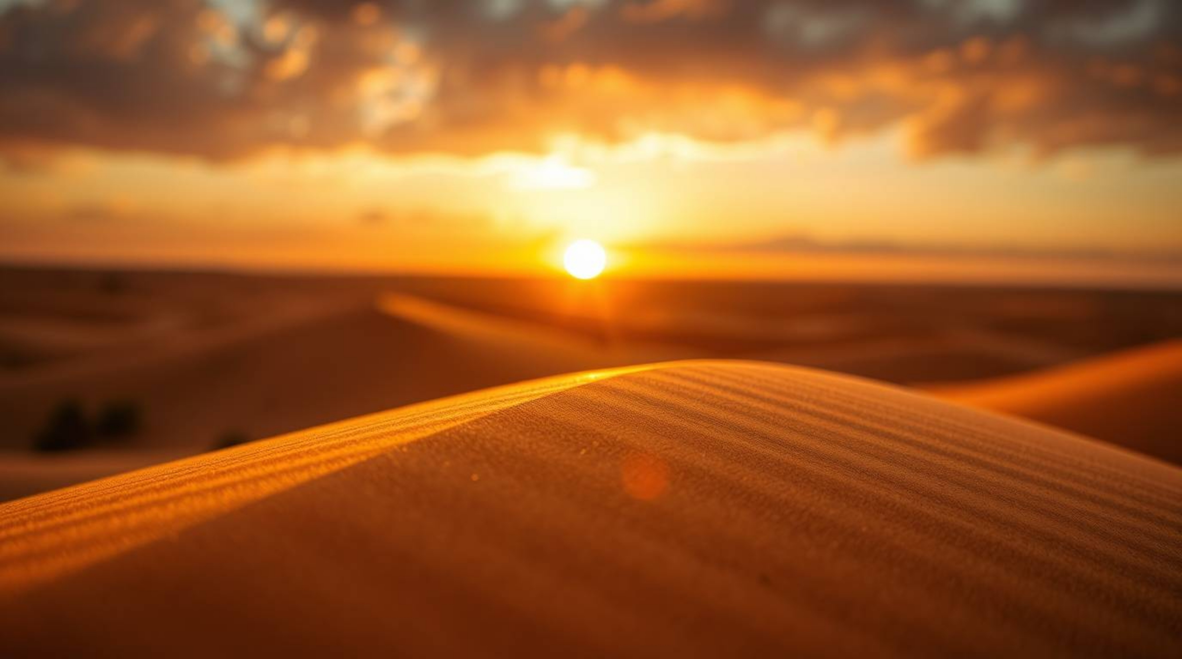 A captivating photograph showcases a mesmerizing sunset painting the golden desert dunes in hues of bronze. The antique patin