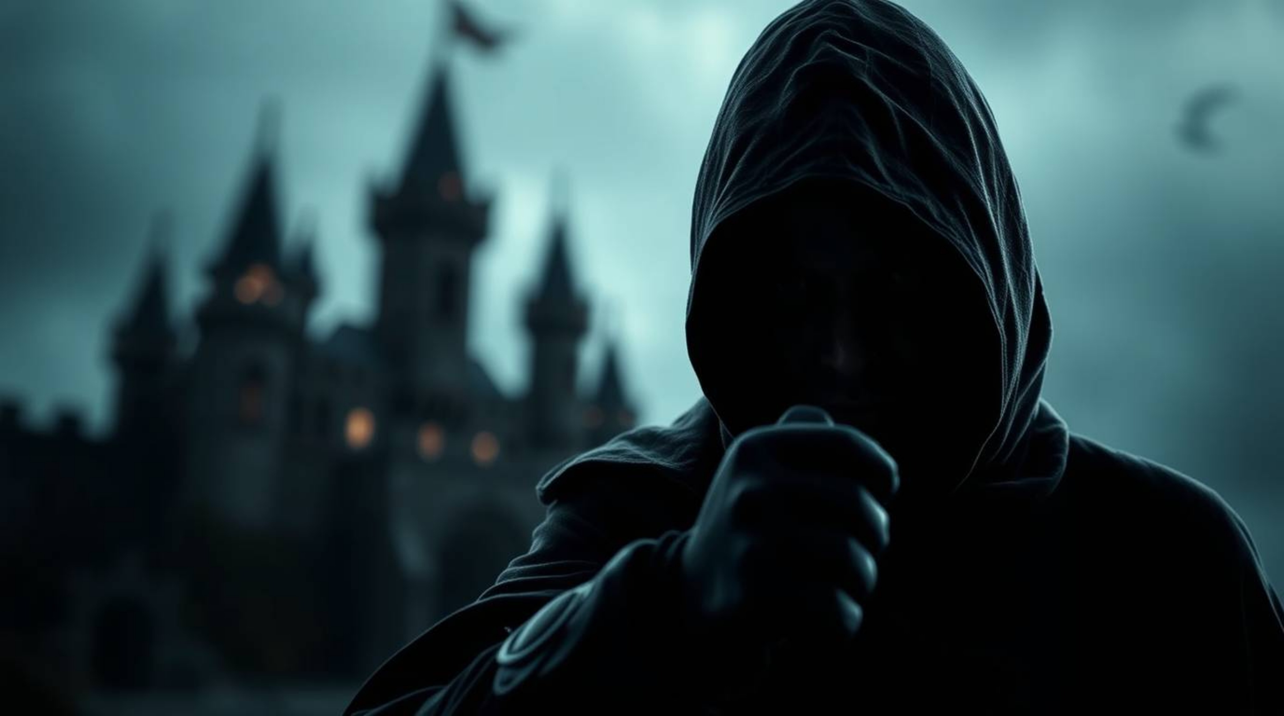 A thief, sharply focused against a blurred bokeh background, infiltrates a heavily guarded castle in high-contrast low-key li