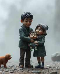 Experience a heartwarming family reunion depicted in a sculptural clay art piece, rendered in the beloved Pixar style.  Set w