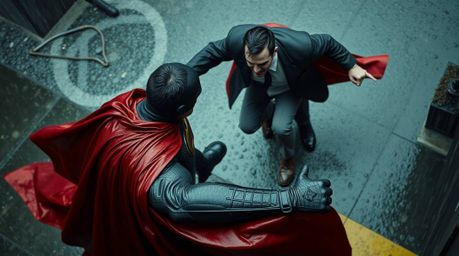 A captivating high-angle shot depicts a superhero in a cape engaging in a dynamic battle with a comically dressed villain dur