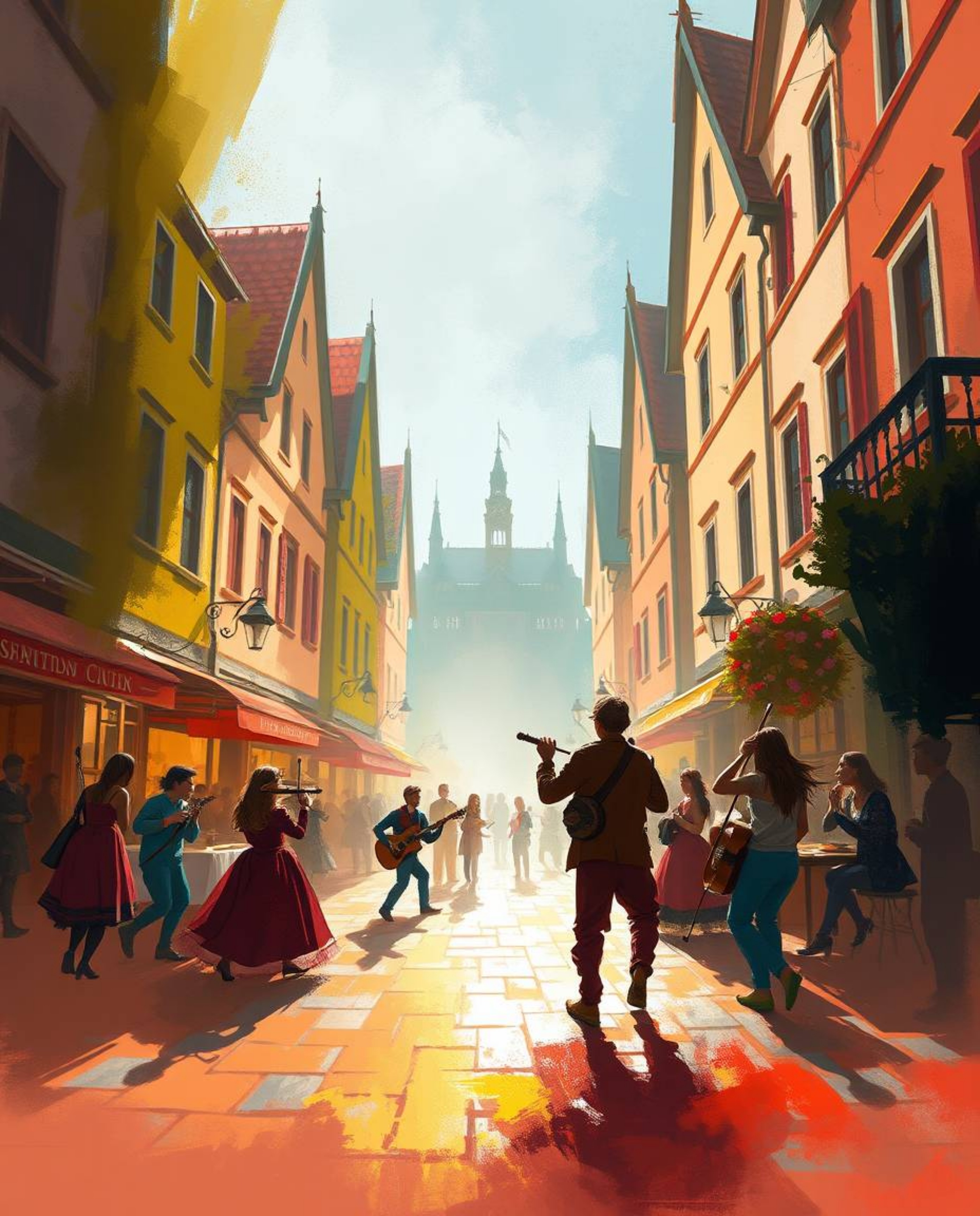 A dynamic digital sketch showcases a vibrant musical number in a bright town square.  Loose painterly strokes, a misty atmosp