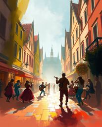 A dynamic digital sketch showcases a vibrant musical number in a bright town square. Loose painterly strokes, a misty atmosp