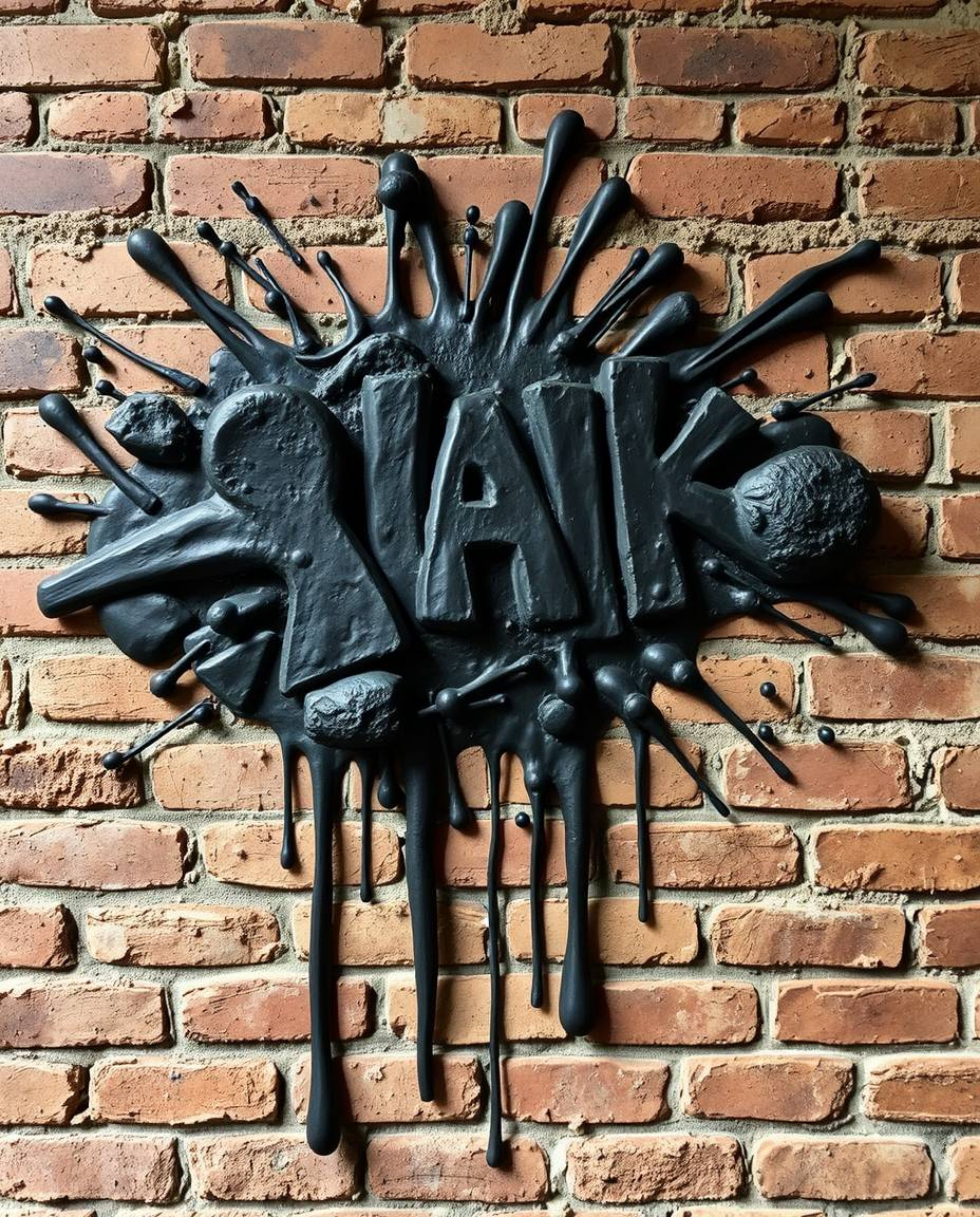 This artwork features a sculptural clay depiction of graffiti-style splashes in pure black, creating deep shadows and texture