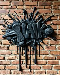 This artwork features a sculptural clay depiction of graffiti-style splashes in pure black, creating deep shadows and texture