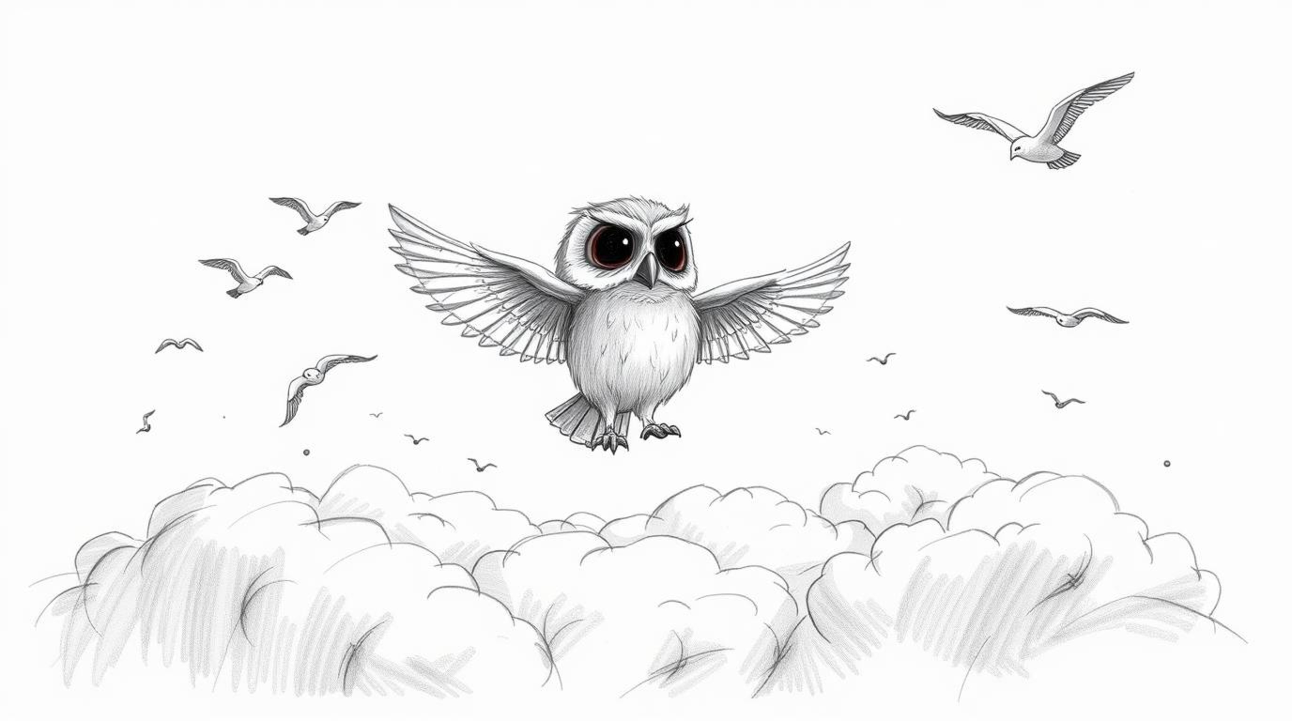 A heartwarming Pixar-style sketch depicts a blind, wise-looking owl with intricately detailed feathers, leading a flock of bi