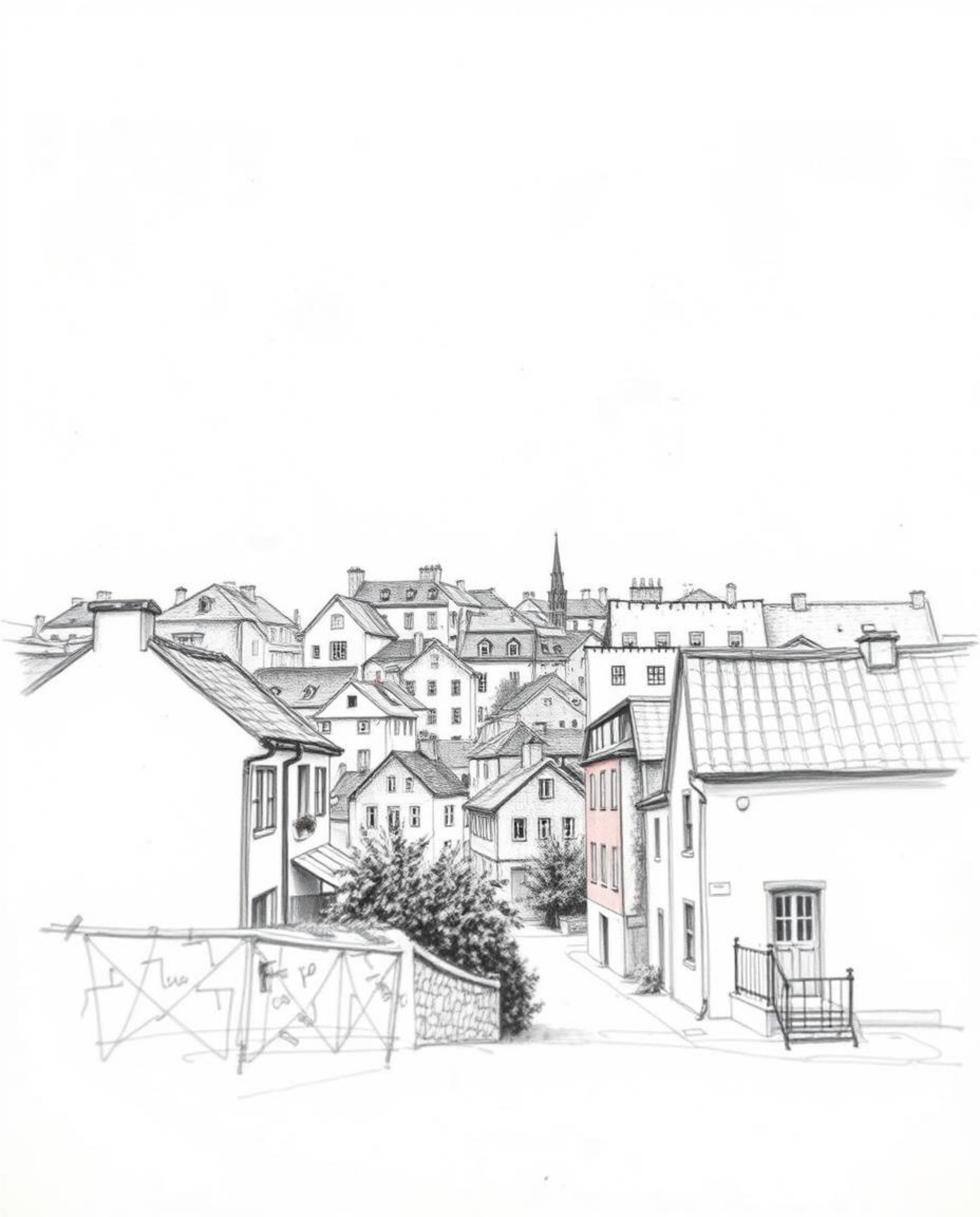 A captivating image of a sleepy town, depicted in a detailed hand-drawn pencil sketch or watercolor style.  Pastel-colored ho