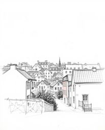 A captivating image of a sleepy town, depicted in a detailed hand-drawn pencil sketch or watercolor style.  Pastel-colored ho