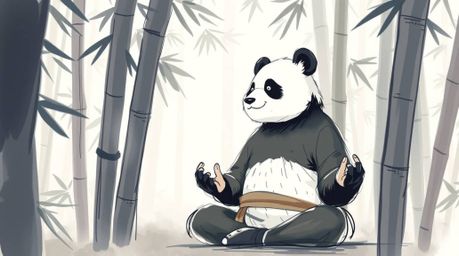 Immerse yourself in a soft, dreamy atmosphere with this hand-drawn sketch of a meditating martial artist panda in a bamboo fo