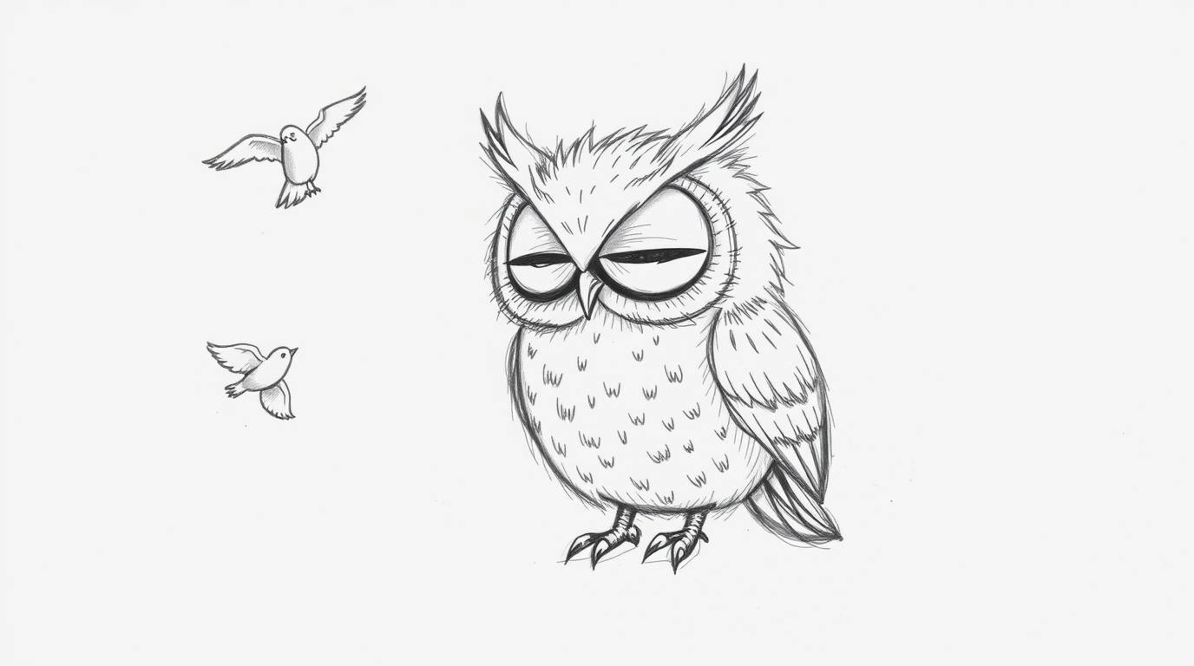 A whimsical, lighthearted hand-drawn sketch in Pixar style depicts a blind owl with soft, feathery texture and expressive fac