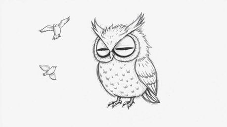 A whimsical, lighthearted hand-drawn sketch in Pixar style depicts a blind owl with soft, feathery texture and expressive fac