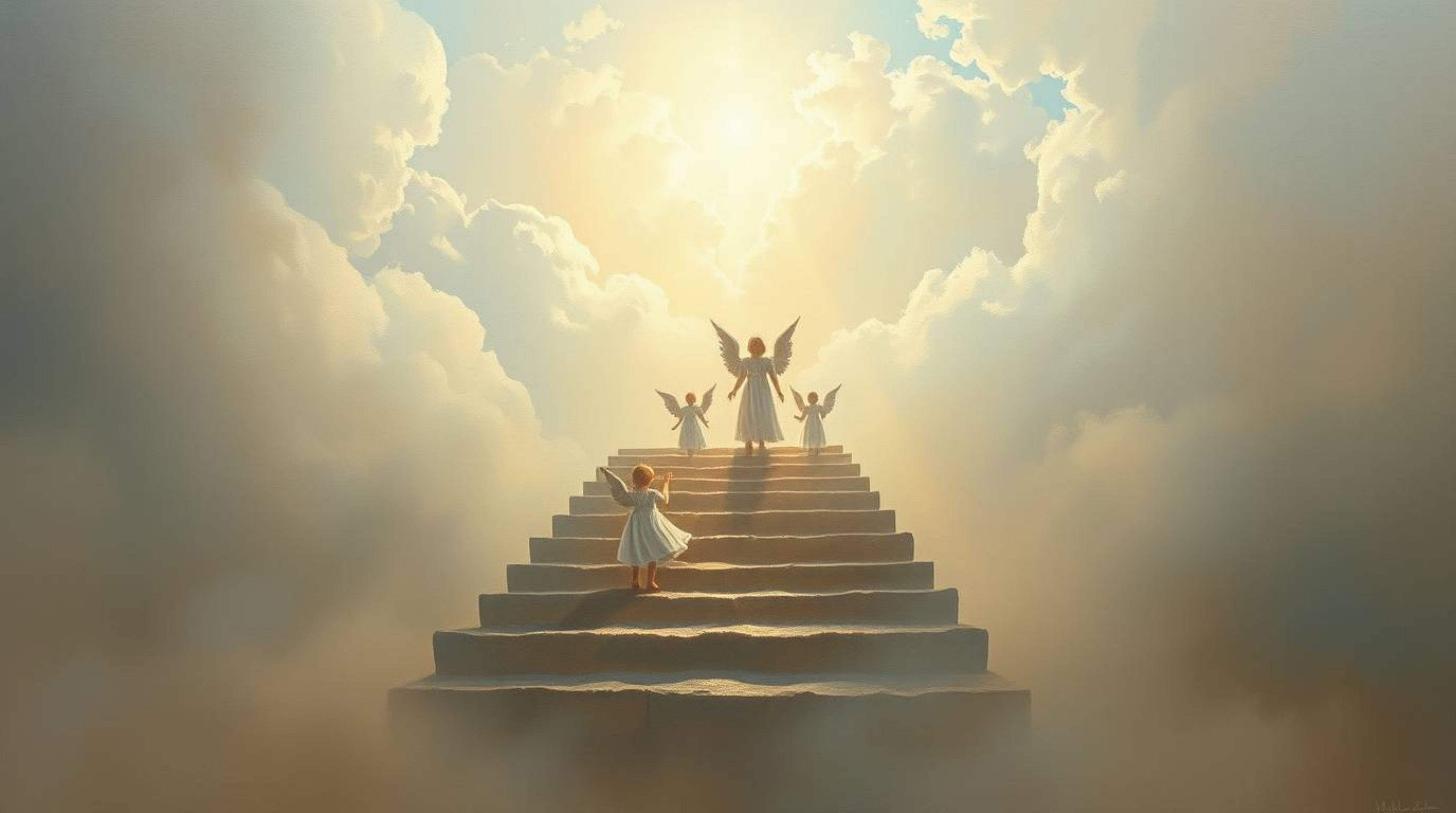 Experience the serenity of a classic oil painting with soft cinematic haze. Steps of light ascend into a cloudy sky, where an
