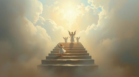 Experience the serenity of a classic oil painting with soft cinematic haze. Steps of light ascend into a cloudy sky, where an