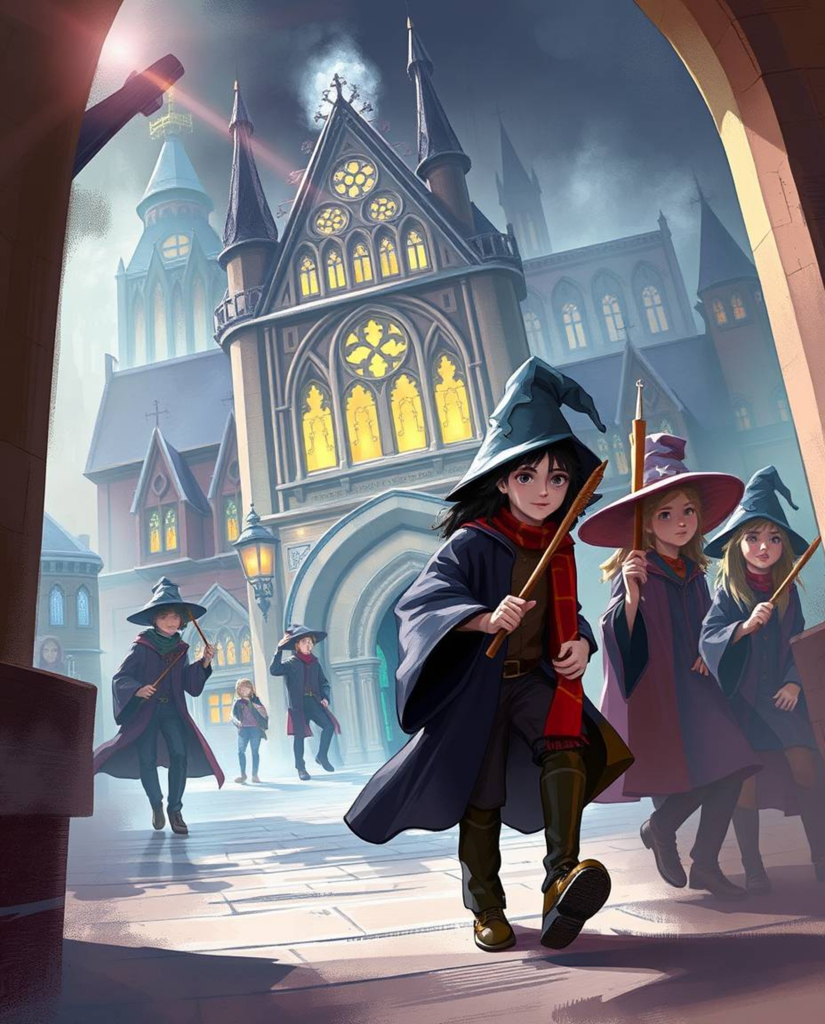 Explore a dynamic digital sketch of a magical school teeming with young wizards, brought to life with vibrant lens flares and