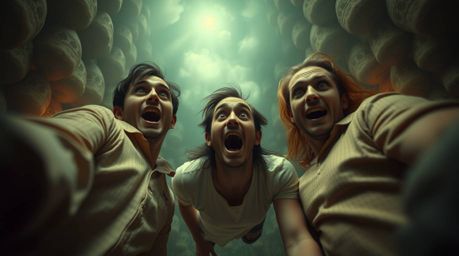 Experience a hilarious gross-out comedy moment captured from a high angle, showcasing exaggerated expressions within a mystic