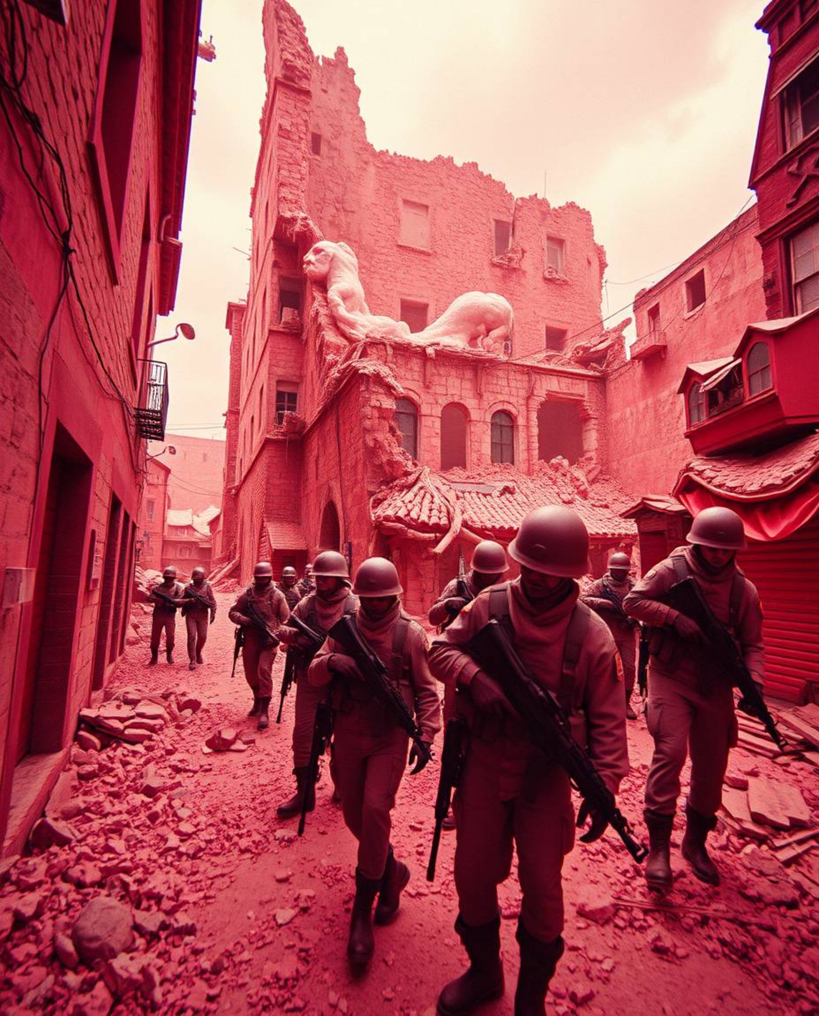 Explore a high-angle, surreal landscape rendered in infrared tones, featuring time-warped soldiers amidst crumbling buildings