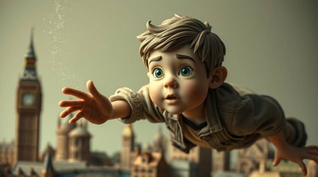 A stylized scene depicts a young boy, radiating determination, soaring above a clay-sculpted London propelled by pixie dust. 