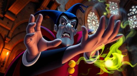 A captivating close-up reveals a classic Disney villain intensely casting a spell within the aged walls of an ancient castle.
