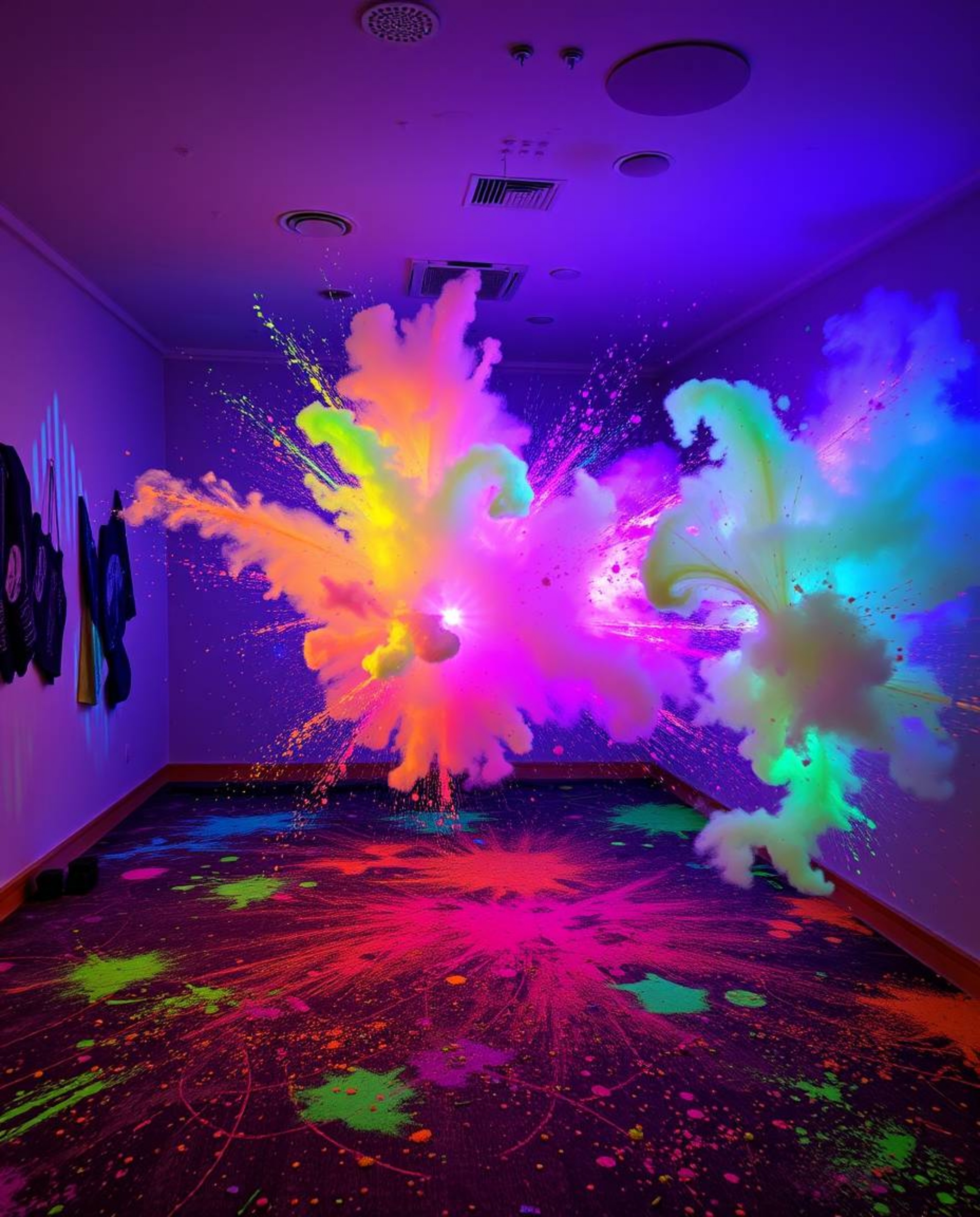 This high-resolution stock photo captures a breathtaking scene: a room bursting with paint, showcasing vibrant, glowing biolu