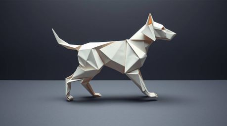 Imagine a futuristic canine companion autonomously navigating the cosmos, rendered in the delicate art of origami. This artwo