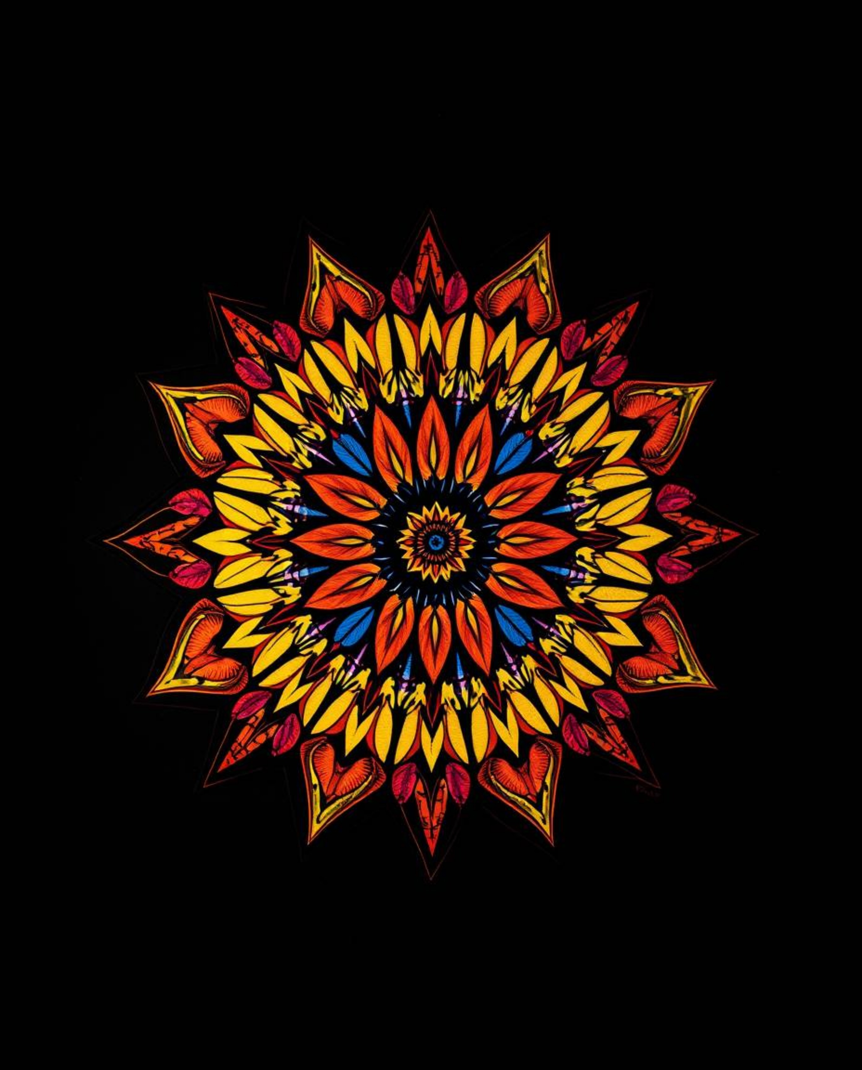 Explore a stunning geometric floral mandala artwork, featuring vibrant colors and a symmetrical design bathed in warm autumn 