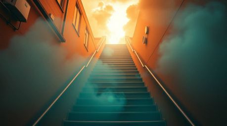 A captivating image blends warm terracotta and cool teal tones in a candid street photography style.  A surreal stairway asce