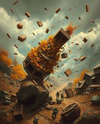 Experience a surreal storm brought to life with warm autumn colors and strong hard light, depicting flying objects and broken