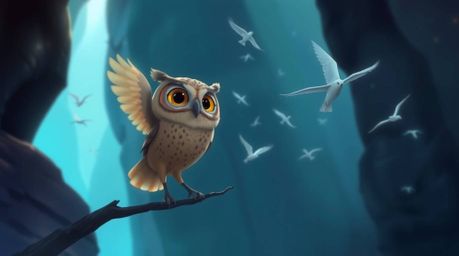 Experience a heartwarming Pixar-style illustration featuring a blind owl with soft features, guiding birds in flight through 