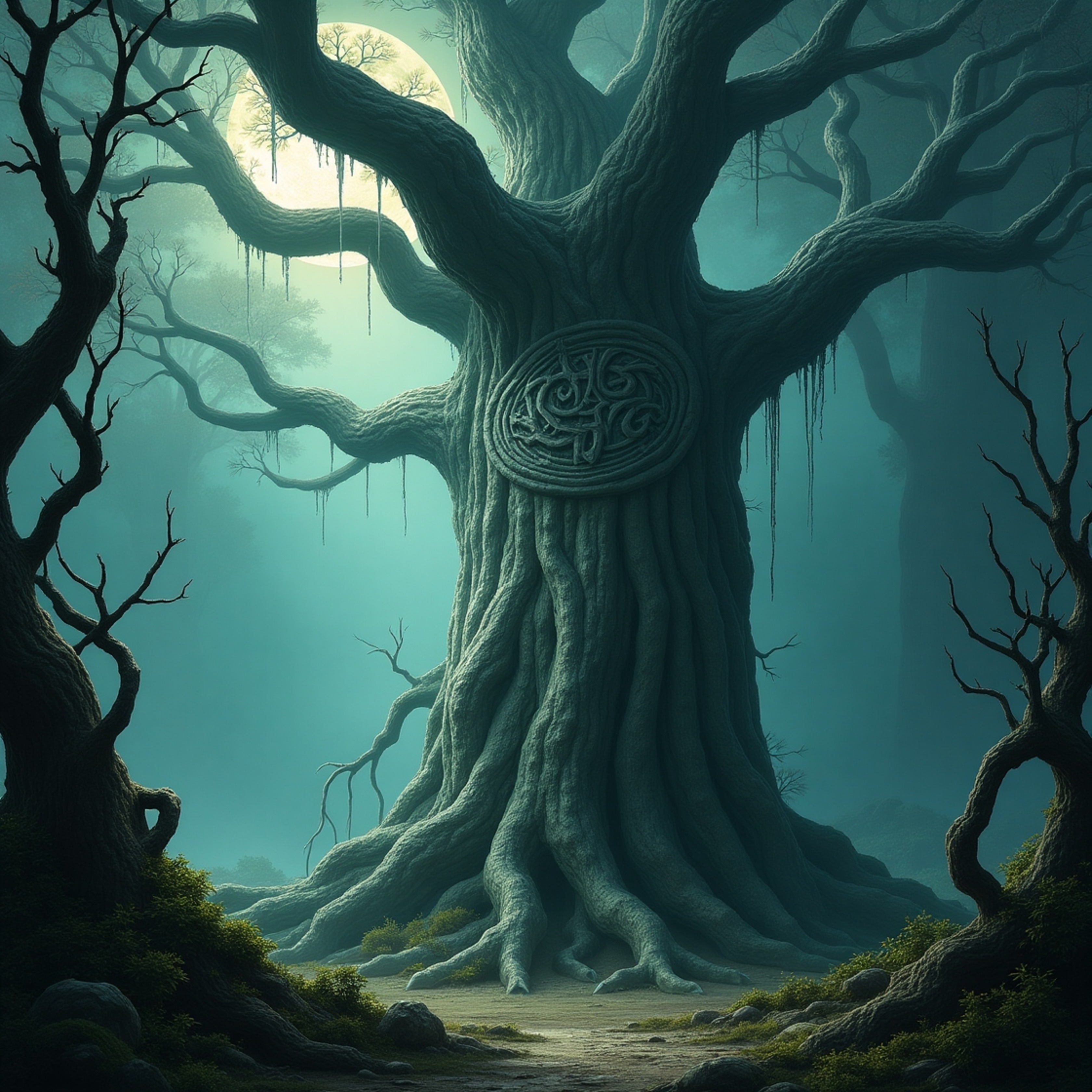 Imagine a colossal, ancient tree, a sentient being etched with pulsating runes on its silver bark. It dominates a misty, moon