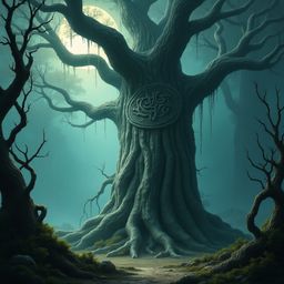 Imagine a colossal, ancient tree, a sentient being etched with pulsating runes on its silver bark. It dominates a misty, moon