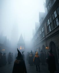 Explore a detailed close-up of a magical school bustling with young wizards, shrouded in a thick fog that creates an atmosphe