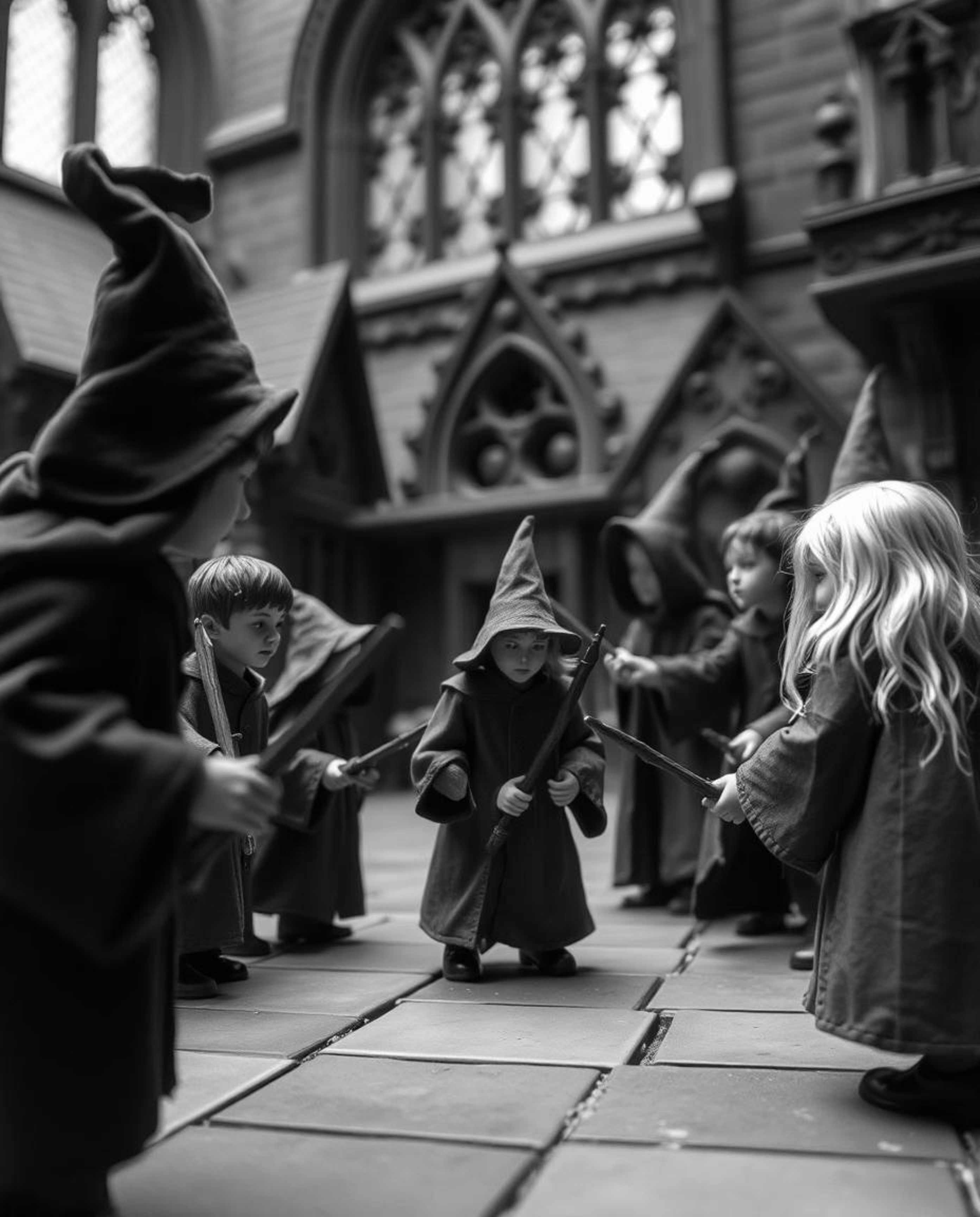 An extreme macro close-up black and white photograph capturing a timeless and elegant depiction of a magical school and its y