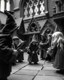 An extreme macro close-up black and white photograph capturing a timeless and elegant depiction of a magical school and its y