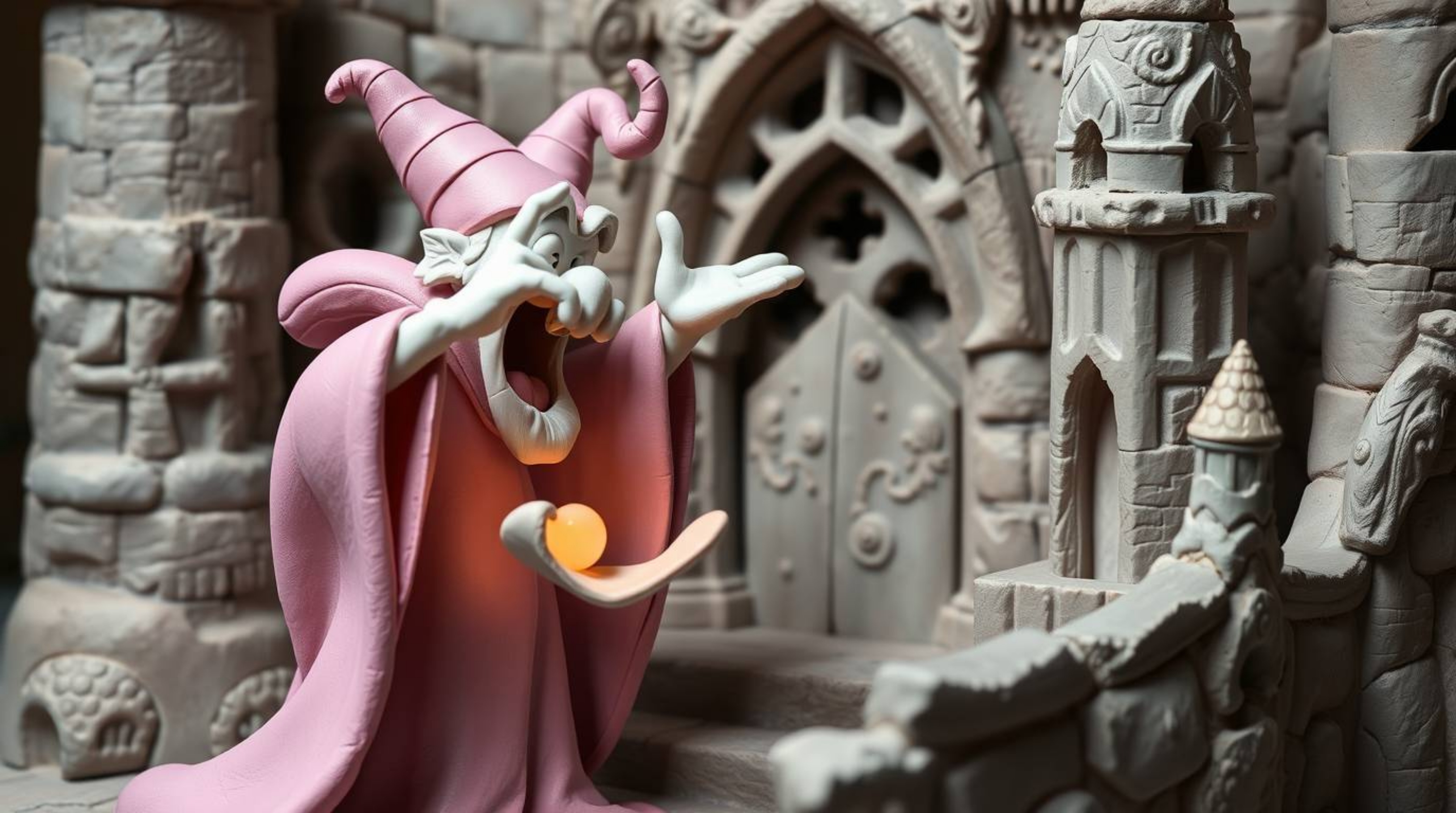 A captivating clay sculpture depicts a classic Disney villain casting a spell within the aged walls of an old castle. The pi