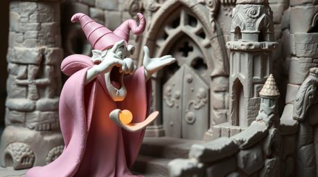 A captivating clay sculpture depicts a classic Disney villain casting a spell within the aged walls of an old castle.  The pi