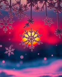 An intricate, origami-style close-up captures the beauty of snowflakes falling during a vibrant sunset. Showcasing a warm col