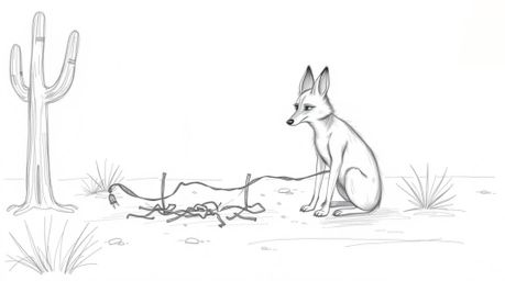 A hand-drawn sketch showcases a coyote meticulously setting up an elaborate and comical trap in the vast desert landscape. Th