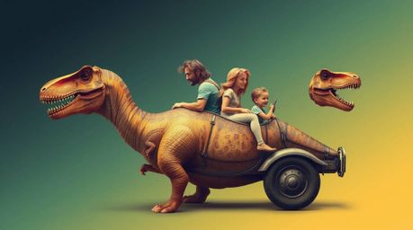 Immerse yourself in a vibrant scene featuring a prehistoric family joyfully riding a dinosaur car, seamlessly gliding across 