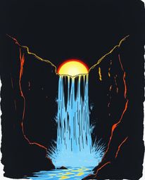 A high-contrast, low-key hand-drawn sketch of a sun setting behind a dramatic waterfall. Executed in a color sketchnote style