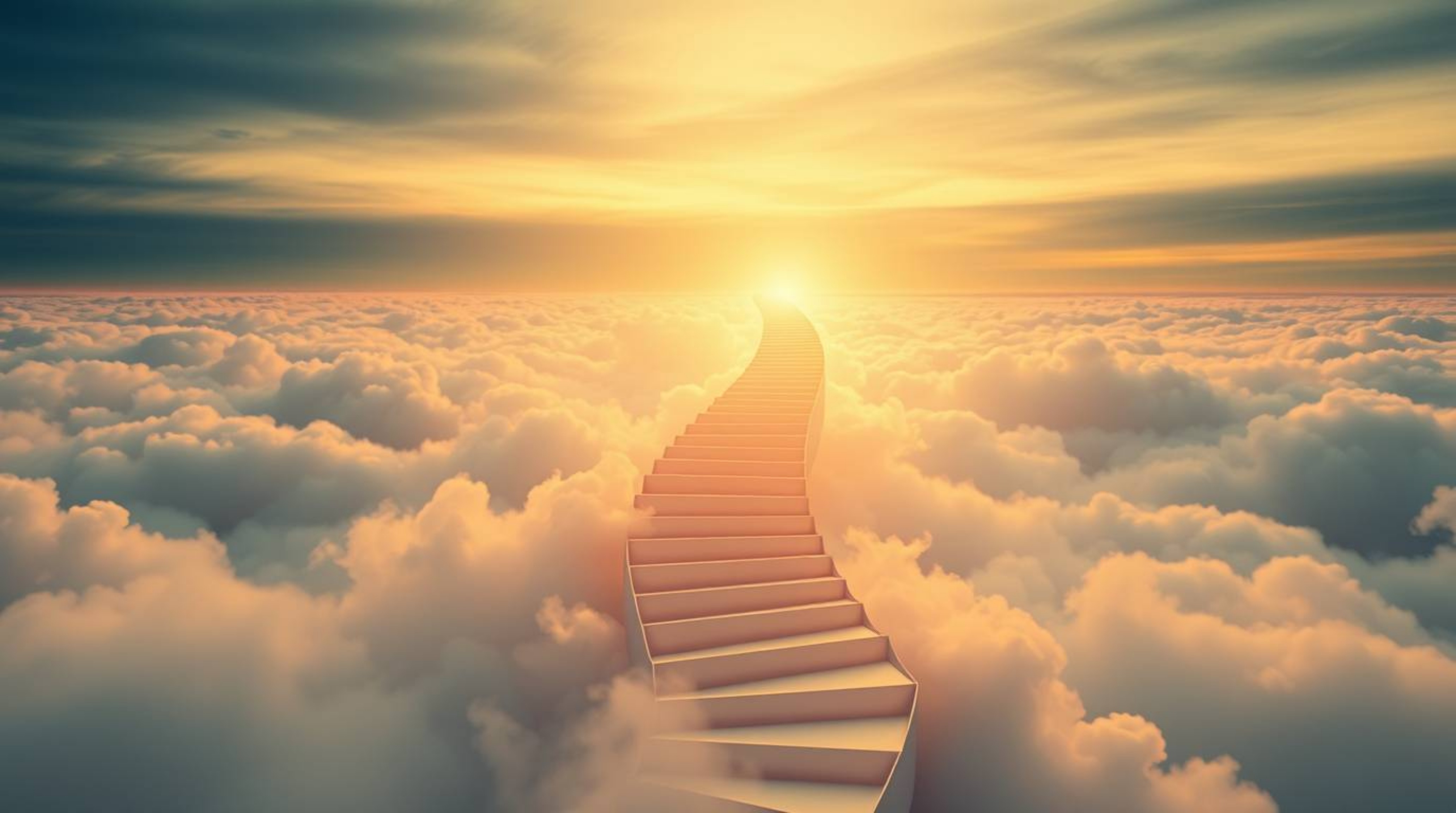 A captivating image depicts a winding stairway crafted from smoke and light, ascending into a vast, cloudy sky.  Rendered in 
