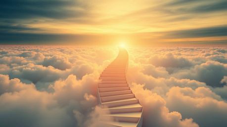 A captivating image depicts a winding stairway crafted from smoke and light, ascending into a vast, cloudy sky.  Rendered in 