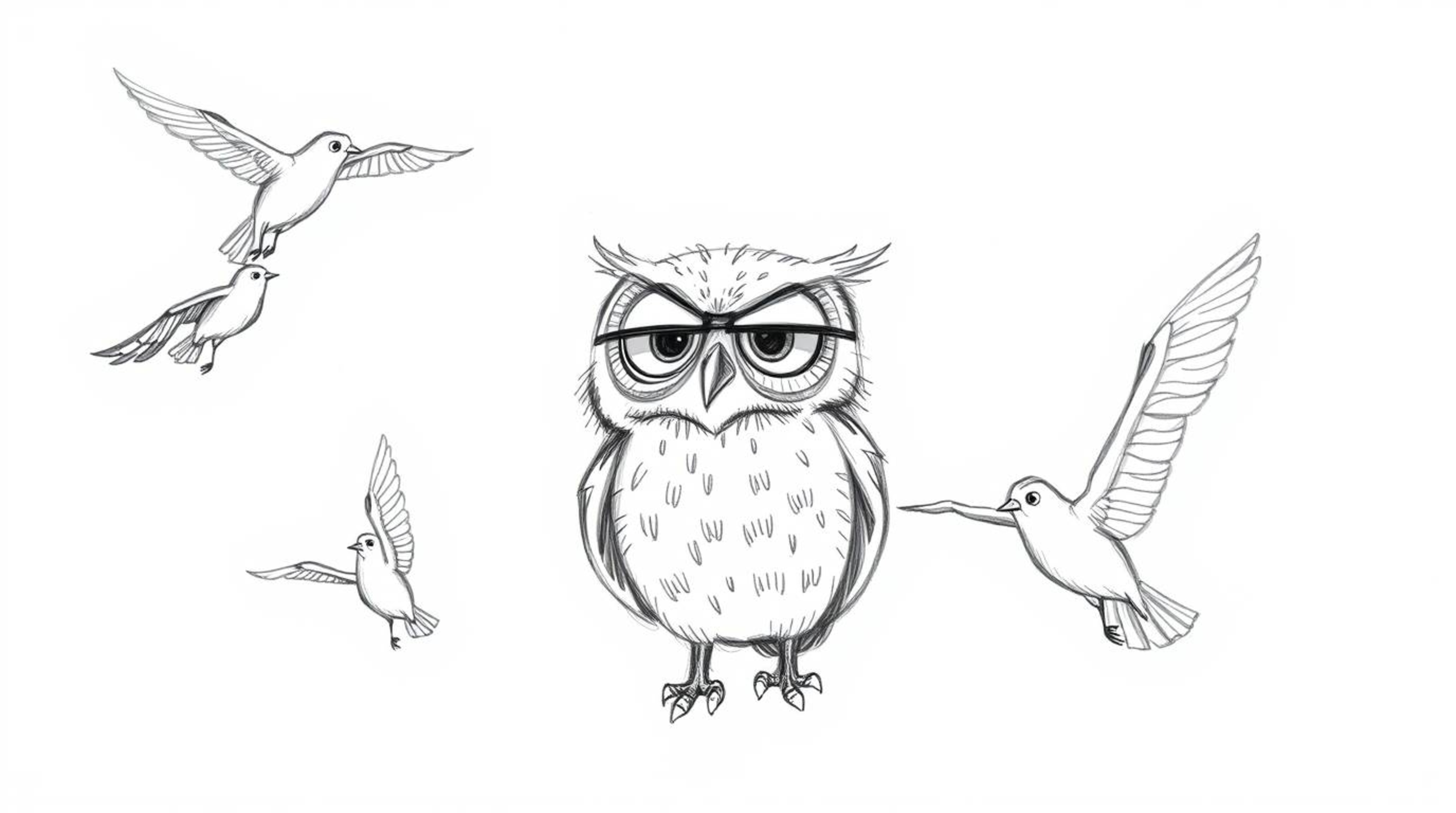 A hand-drawn sketch in Pixar style depicts a blind owl with large, expressive eyes, teaching a flock of birds to fly in perfe