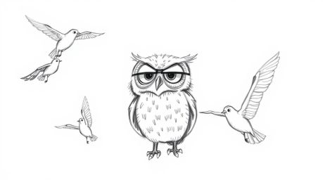 A hand-drawn sketch in Pixar style depicts a blind owl with large, expressive eyes, teaching a flock of birds to fly in perfe