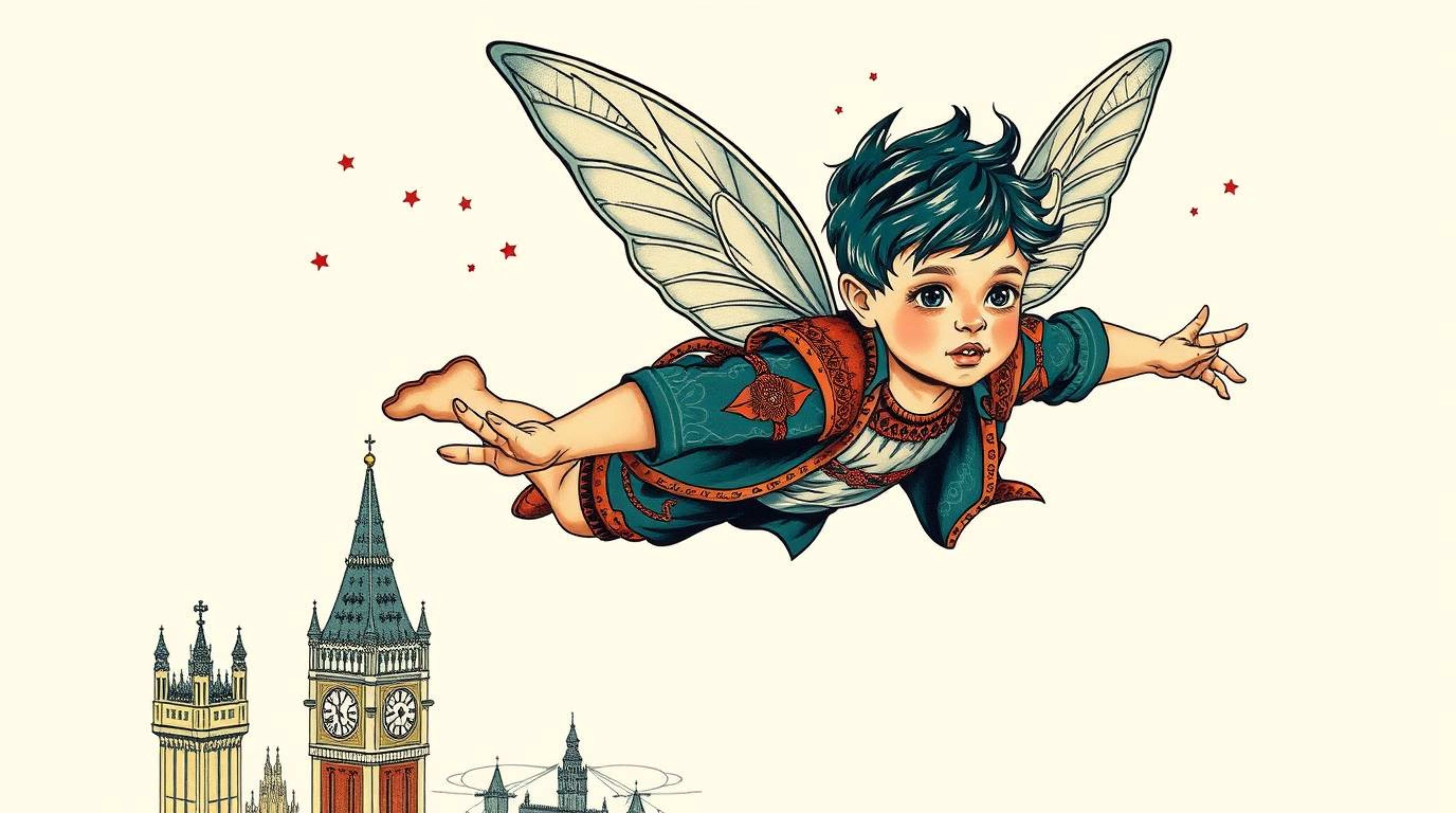 A striking tattoo design depicts a young boy soaring above London, enveloped in shimmering pixie dust. Rendered in a symbolic