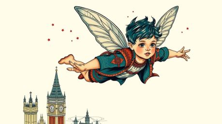 A striking tattoo design depicts a young boy soaring above London, enveloped in shimmering pixie dust. Rendered in a symbolic