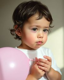 A captivating image of a light-skinned child gently holding a pale pink balloon. The photograph features soft pastel colors, 