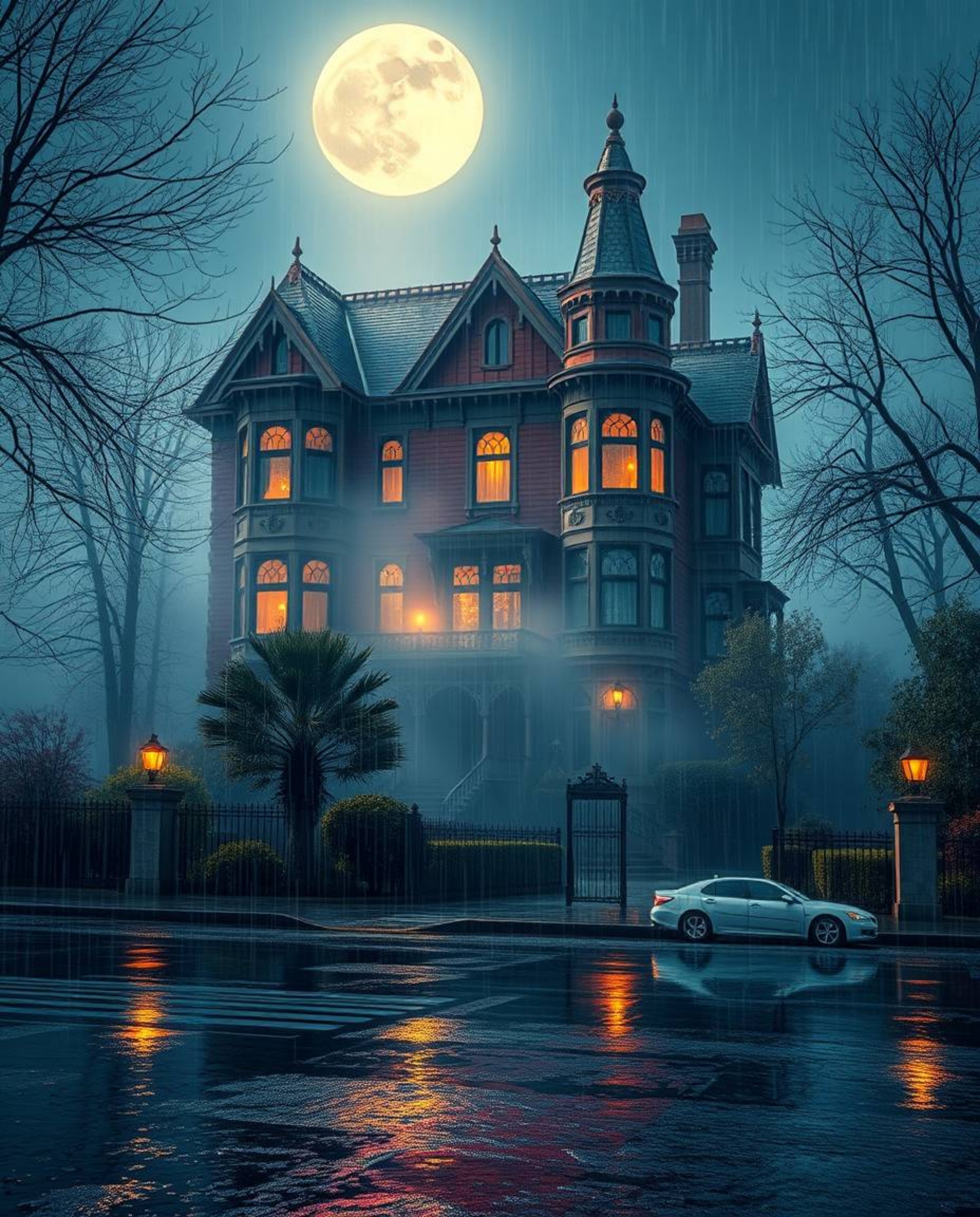 Immerse yourself in a wet and rainy scene featuring a fog-covered Victorian mansion bathed in ethereal moonlight. The artwork