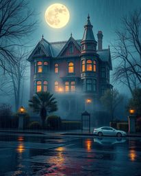 Immerse yourself in a wet and rainy scene featuring a fog-covered Victorian mansion bathed in ethereal moonlight. The artwork
