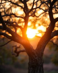 Unusual, original fine art photography; a blurred bokeh effect sunset behind an old oak tree with twisted branches. This piec