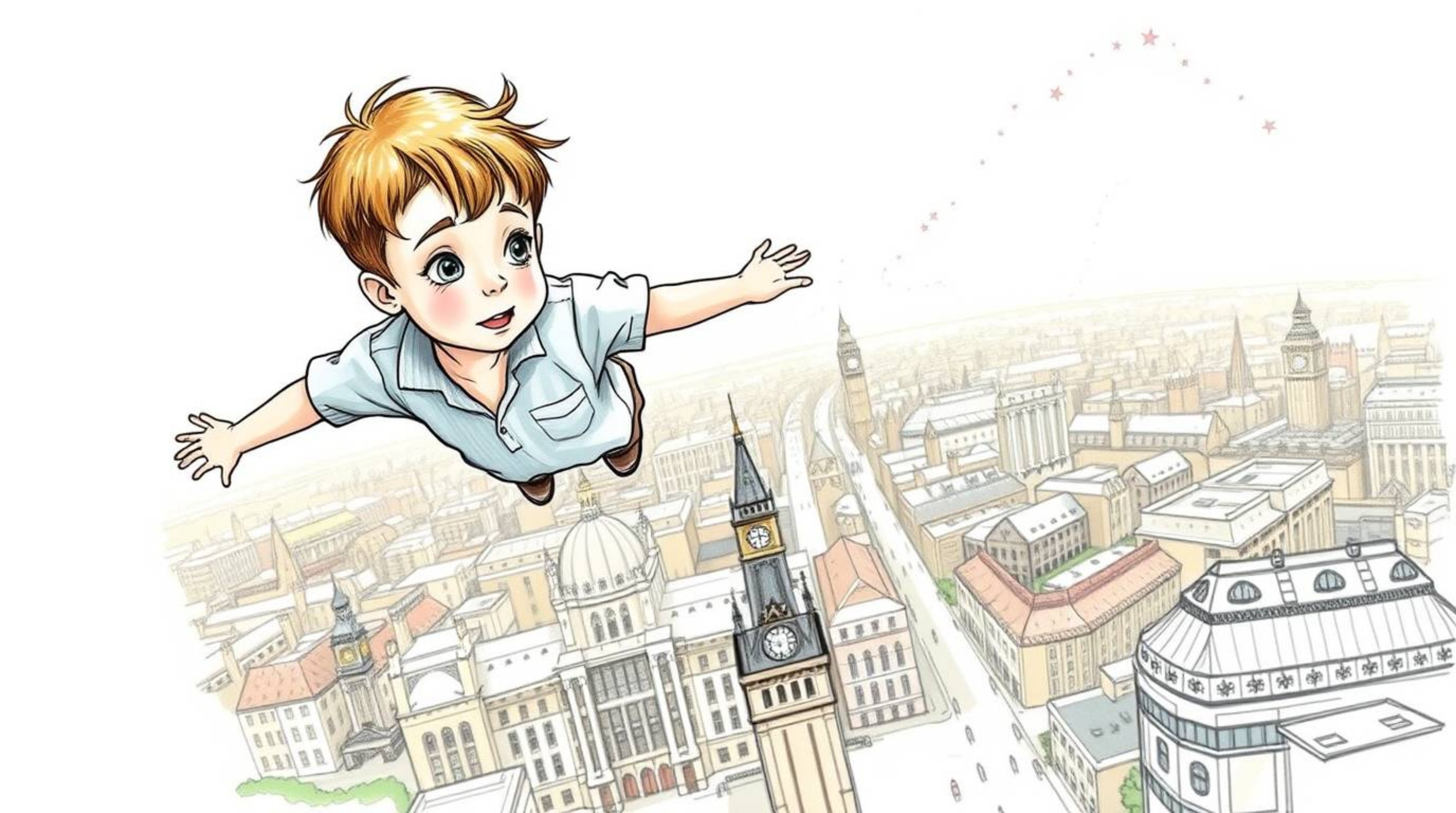 A captivating hand-drawn sketch depicts a young boy soaring above the iconic cityscape of London, sprinkled with magical pixi
