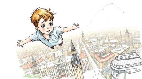 A captivating hand-drawn sketch depicts a young boy soaring above the iconic cityscape of London, sprinkled with magical pixi